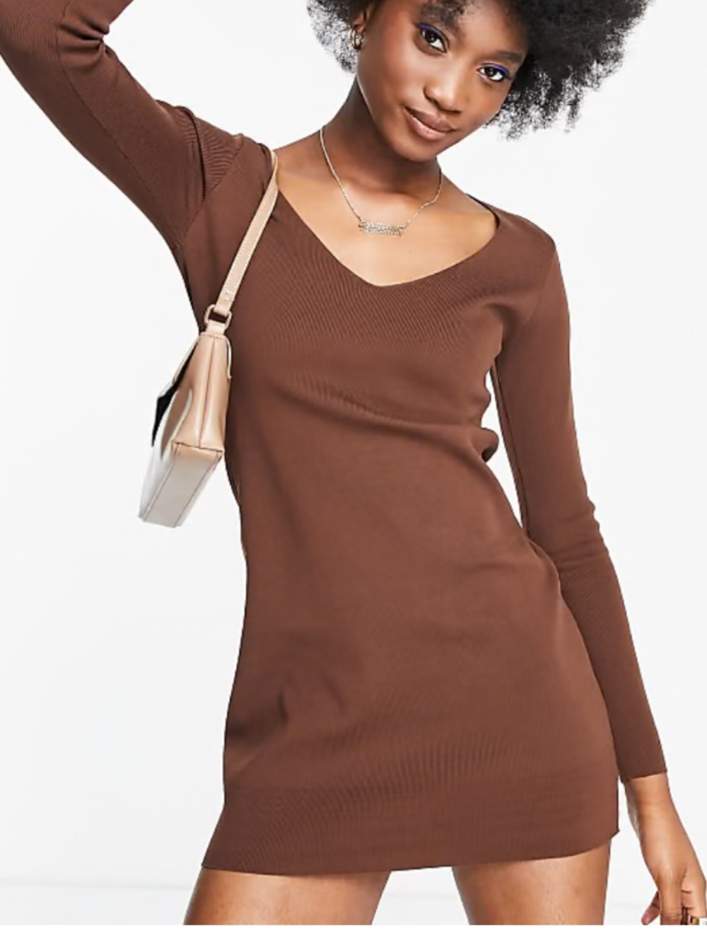 Brown V-Neck Long Sleeve Dress - Women